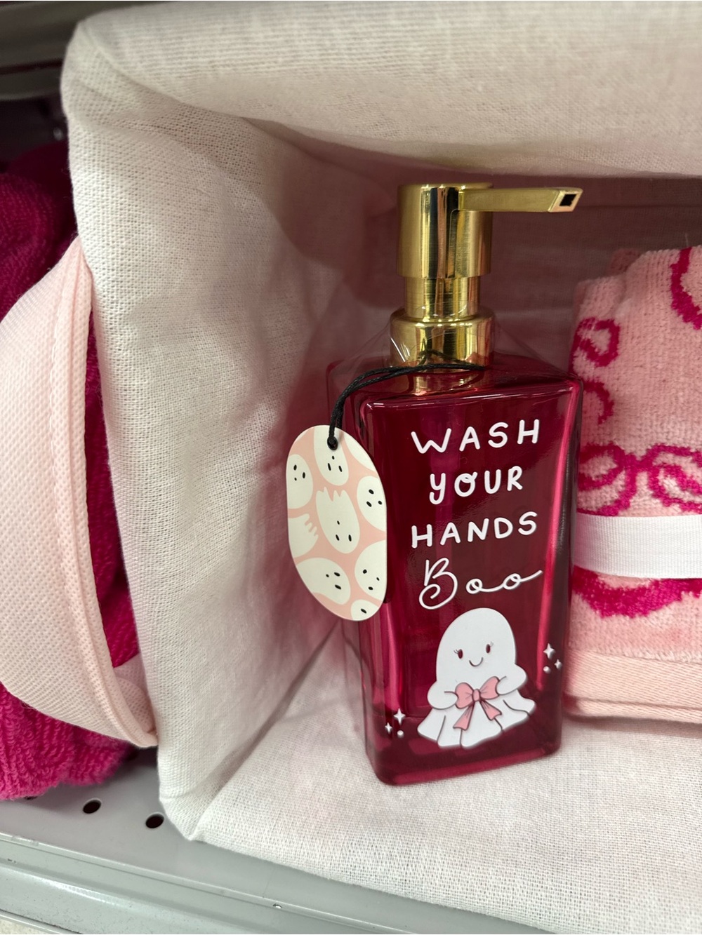 Wash Your Hands Boo pink soap dispenser with Gold Pump